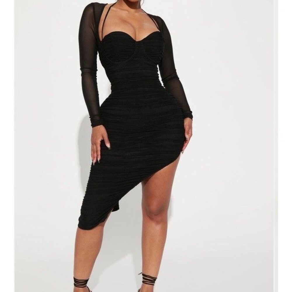 NWT FASHION NOVA Black Mesh Asymmetrical Hem Midi Dress Sz 2X
